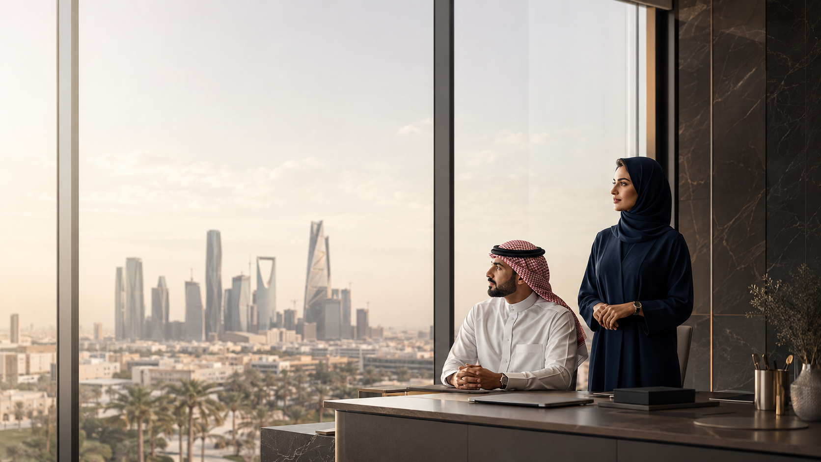 Executive boardroom strategy meeting in Riyadh.